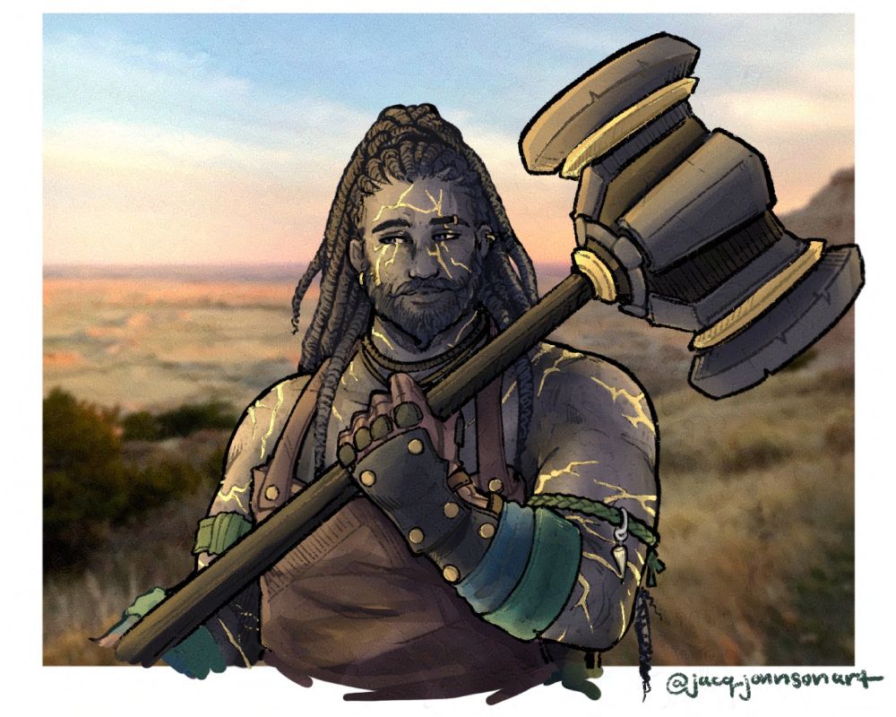 A tall, heavy man with skin made of dark gray stone stands in a light colored field. he has black/blue locs style hair tied up in a half-up, half-down style. He has blue eyes. He wears craftsman's clothes, and most significantly wears a braided tie with a dragon's tooth hanging from the side. We weilds a giant hammer, which he holds over his shoulder. 