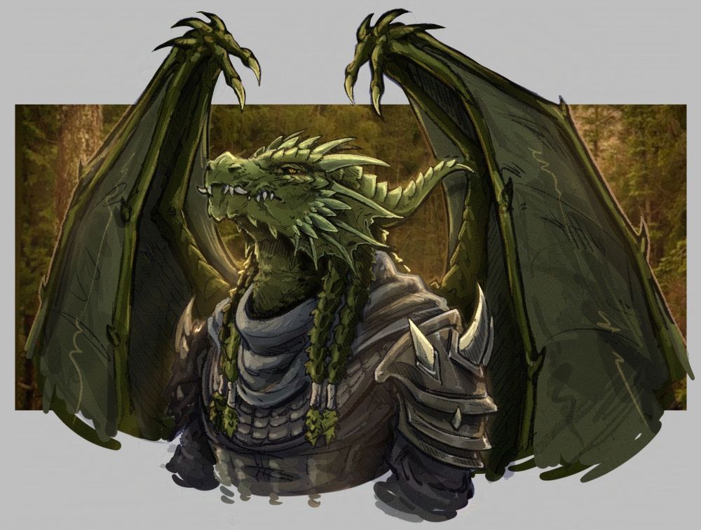 A spikey green dragonborn man holds his head up high in a forest scene. 