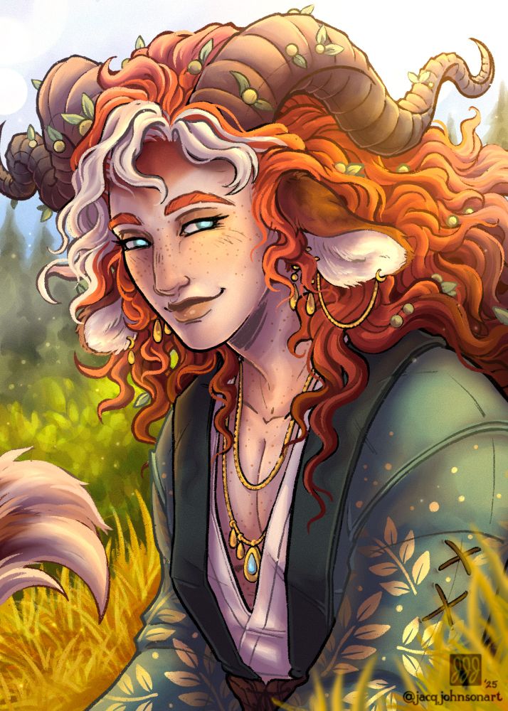 A beautiful male Satyr with red and white hair and wavy horns that sprout from the top of his head. He has bright blue eyes and green berries in his hair, which is wild and floats in the wind. His ears are also white and red, looking like a faun's, and are adorned with gold jewelry. He wears teal robes with gold embellishments.