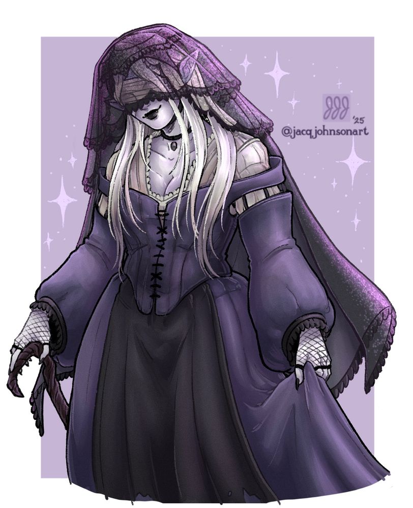 A veiled vampire woman with pale skin, white hair, and a deep purple dress.