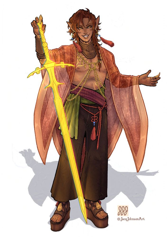 A beautiful elf with red hair, yellow/orange eyes, and golden birthmarks (like veins) that travel from his bottom lip across his right arm and down his left leg. He has a sassy expression and extends an arm out as if to greet the viewer. He has a magical zweihander in the other hand. His clothes are minimal, wearing dark pants with a wide leg, green and magenta sashes across his waist, a gold chain harness, and a sheer red shawl- along with various other leather and gold jewelry pieces. He is quite tall, wearing wooden platforms to increase his height further. 