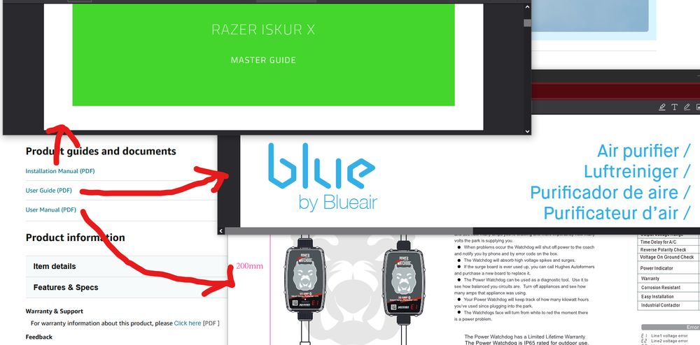 A screenshot of an amazon store listing's product guides and documents.

The three items listed, Installation Manual, User Guide, and User Manual are all PDFs. From the links to the PDFs, red arrows have been drawn, pointing to the PDFs in question. The Installation Manual is for the Razer Iskur X, a Gaming Chair. The User Guide is for the Blue by Blueair air purifier. The User Manual is for the Hughes Autoformers Power Watchdog brand RV Surge Protector.