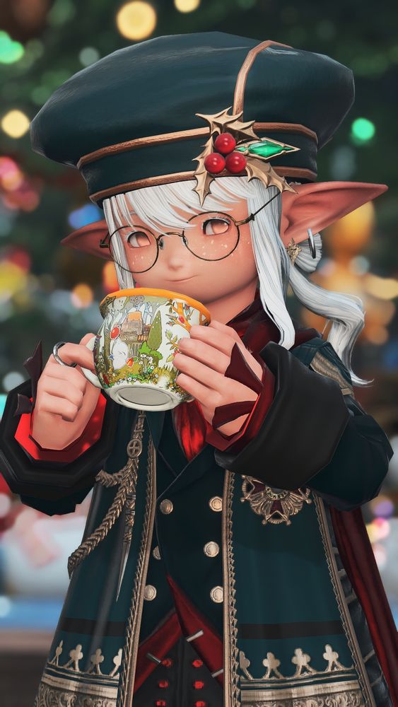 a lalafell, wearing green and red, smiling while holding a gridania themed mug up to them, in front of a festive background