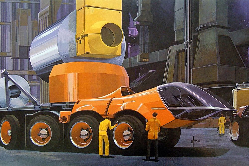 an orange truck designed by syd mead, very swoopy and organic 
