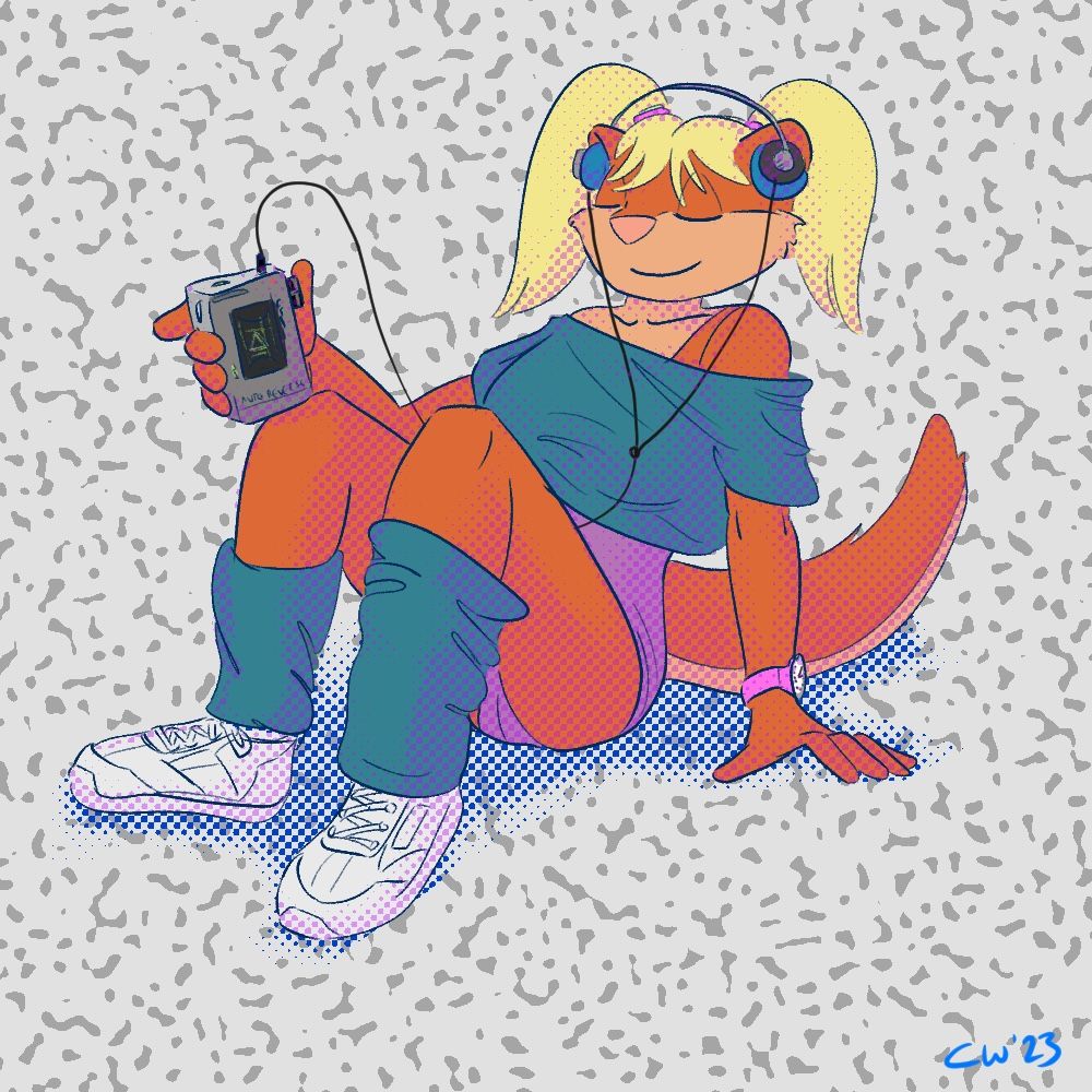 Cargie with a walkman, listening to music, in an 80s style environment with sneakers, leg warmers and a leotard, and a loose off the shoulder T-shirt such as seen in films like Flashdance 