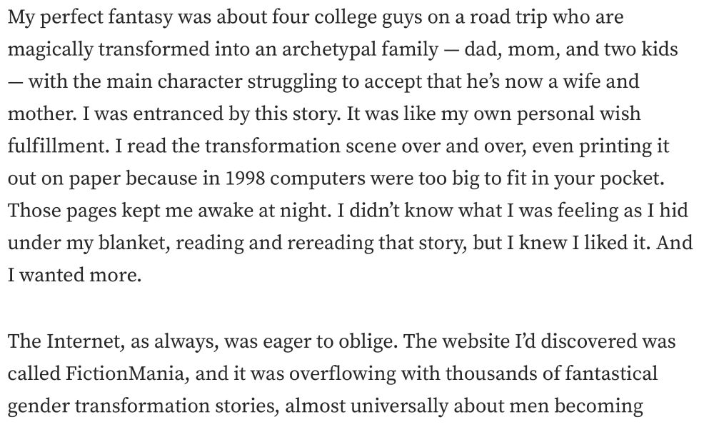 A screengrab from a Medium essay, with a description of a story about four college guys on a road trip transformed into an archetypal family - dad, mom and two kids.   It was published on FictionMania some time around 1998. 