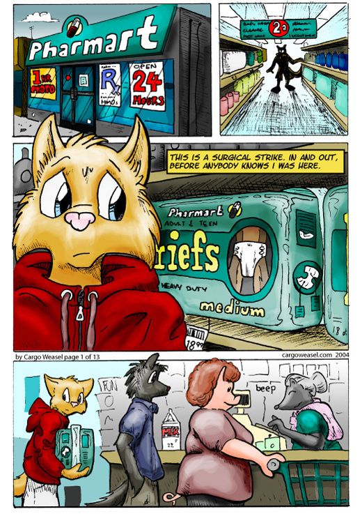 The first page of a Cargoweasel comic, "Playtime" depicting a cat fur nervously purchasing diapers in a pharmacy 