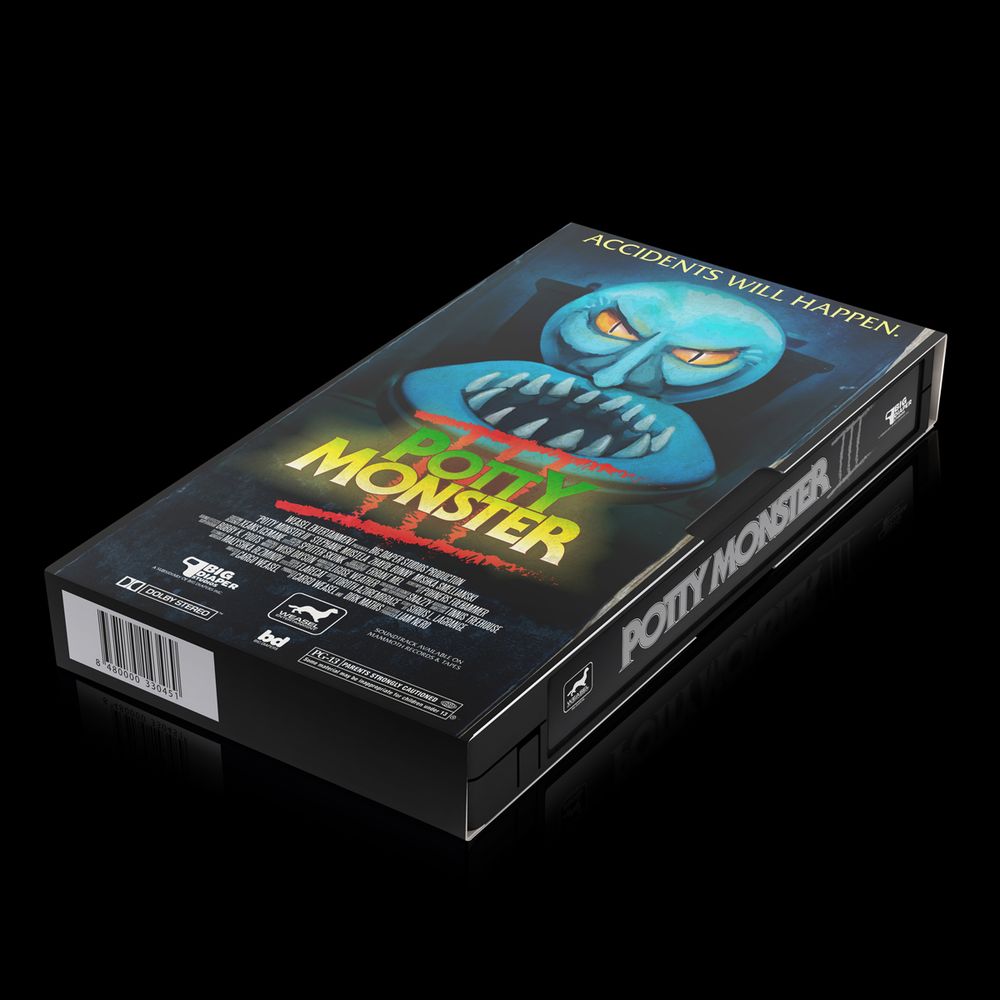 a 3/4 view of the "potty monster III" fake VHS tape 