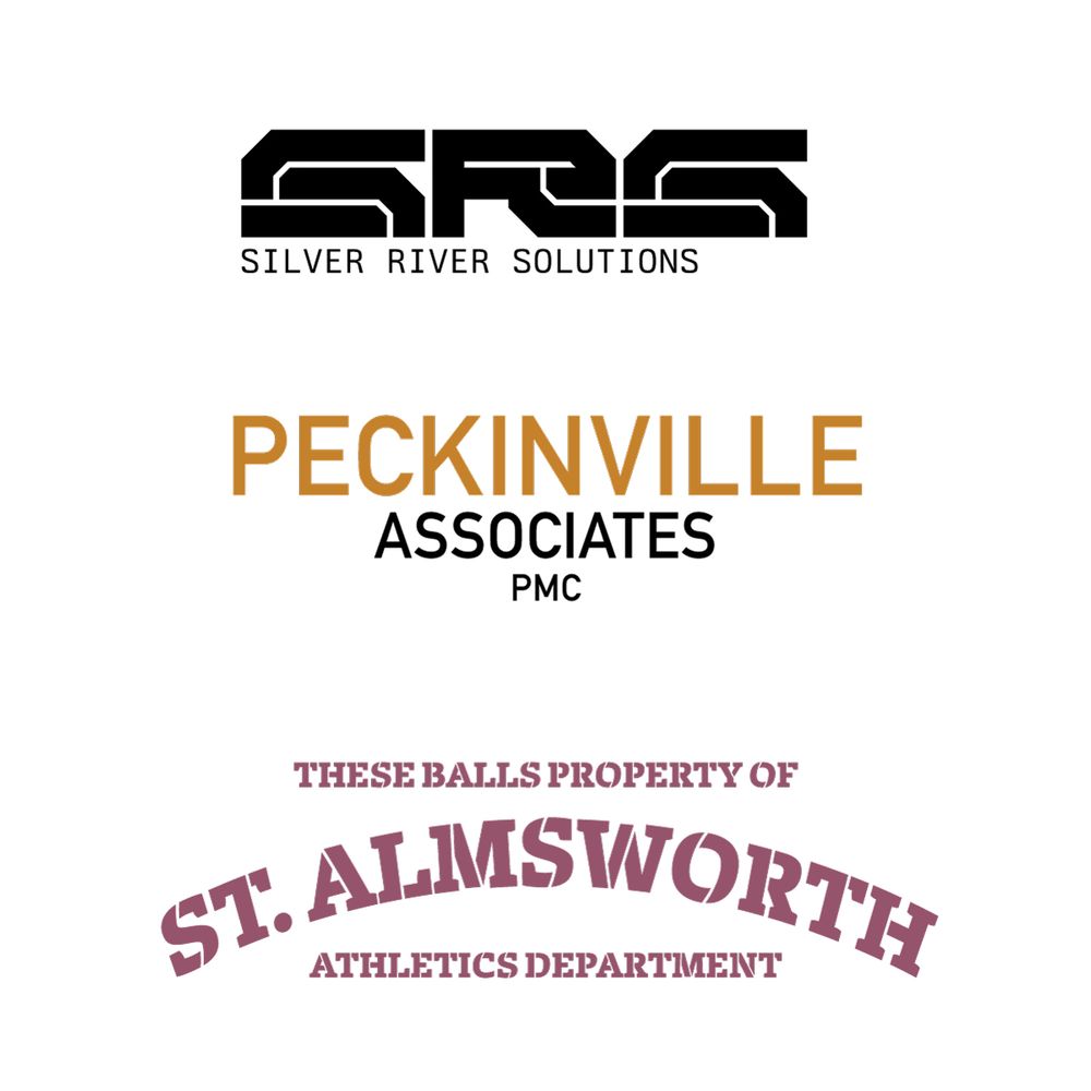 some logos for fictional companies and locations in the "Sisters of Dorley" books by Alyson Greaves: "Silver River Solutions", "Peckinville Associates PMC", and "These Balls Property Of St. Almsworth Athletics Department" 