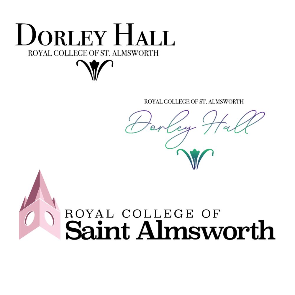 Several logos for "Royal College of Saint Almsworth" and "Dorley Hall", two locations in the Sisters of Dorley book series by Alyson Greaves 