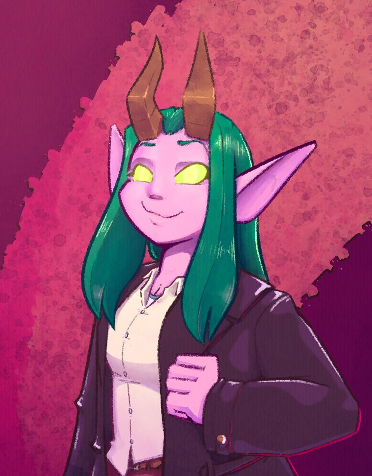 A portrait of a Night Elf demon hunter with long green hair, brown horns and glowing green eyes. She has a lopsided smile as she shows offf a leather trenchcoat covering a button-up shirt.