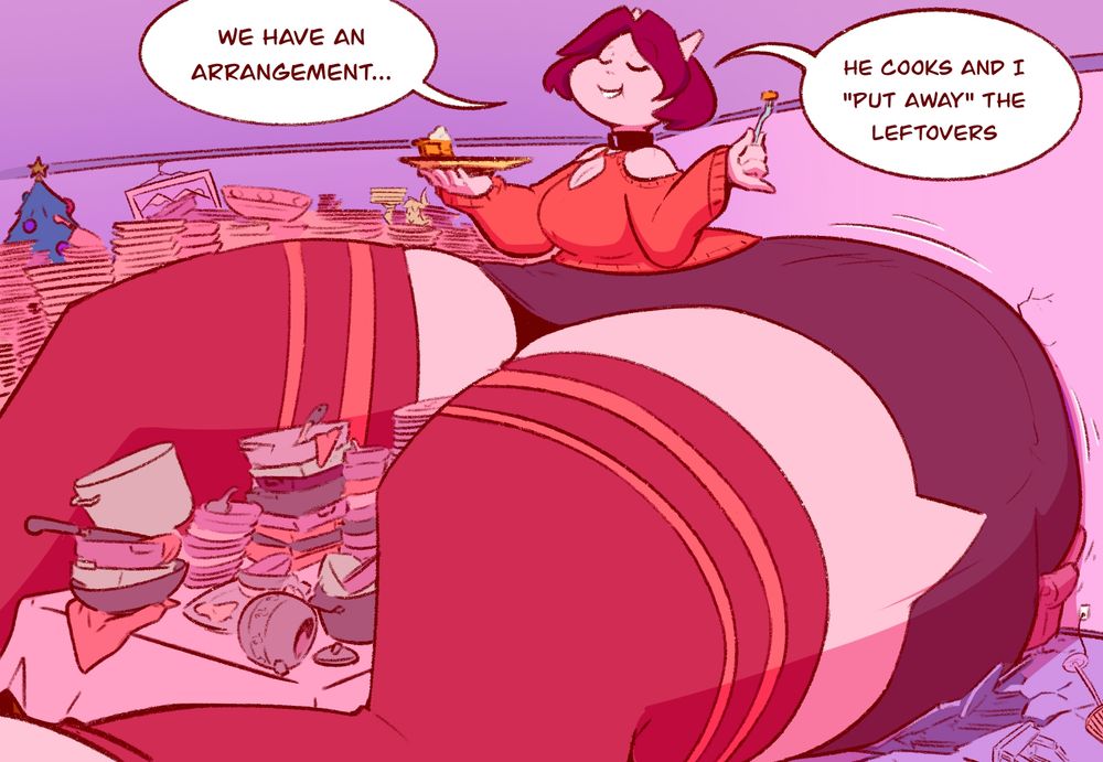 Taffy, very large and sitting amidst an ocean of empty pots, pans and dishes, is finishing off a pie as she says, "We have an arrangement... He cooks and I 'put away' the leftovers."