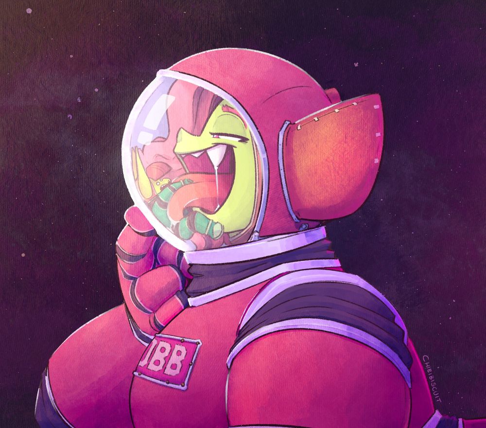 Saffy, a large goblin with pink hair, wearing a space suit. Upon inspection, we can see that Sneezle is trapped inside the helmet with her as she licks the much smaller goblin.

Saffy's space suit has a patch bolted on that reads "GOBB"
