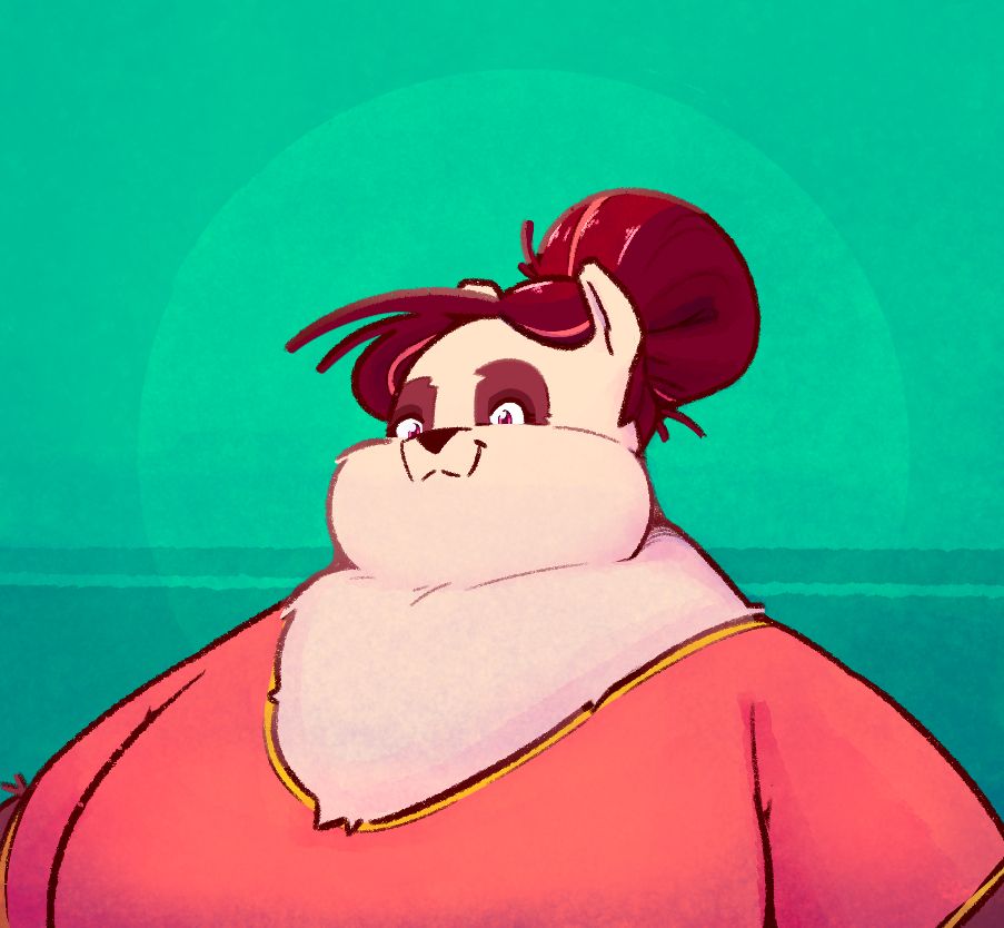 A digital painting of a pandaren woman in front of a teal background with her hair up in a bun, wearing a coral-colored shirt as she smiles down at the viewer.