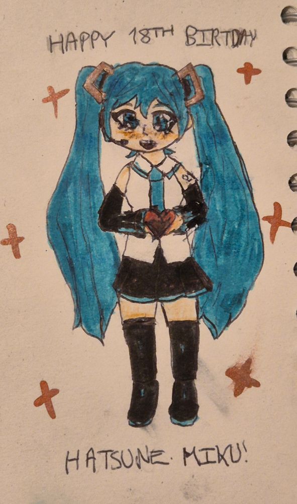 A chibi of Hatsune Miku holding making a heart with her hands. There is a heart in front of it. PINK are around her. Text reads "HAPPY 18TH BIRTHDAY HATSUNE MIKU!"