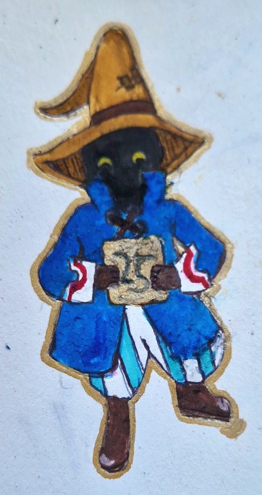 A drawing of Vivi from FFIX, holding a golden sign with the number "25" in black. 
Vivi is a black humanoid creature with yellow eyes. He is a small child who wears a beige wizard's hat with a brown band, a blue jacket with brown pullstrings and white sleeves with a red trim. He is also wearing white and turquoise stripy bloomer trousers, brown gloves, and brown shoes with beige heels. The background is white.