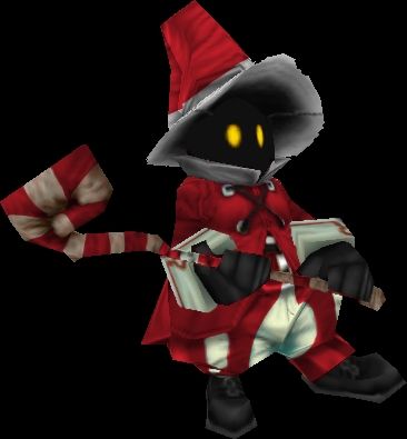 An edit of a sprite of Vivi Ornitier dressed as Santa Claus. Vivi is a small, black humanoid creature with glowing yellow eyes. Here, he is wearing a mage's hat styled to be a Santa hat, a red jacket with black pull strings, red and white vertical striped bloomers, and black shoes. He is holding a candy cane staff.