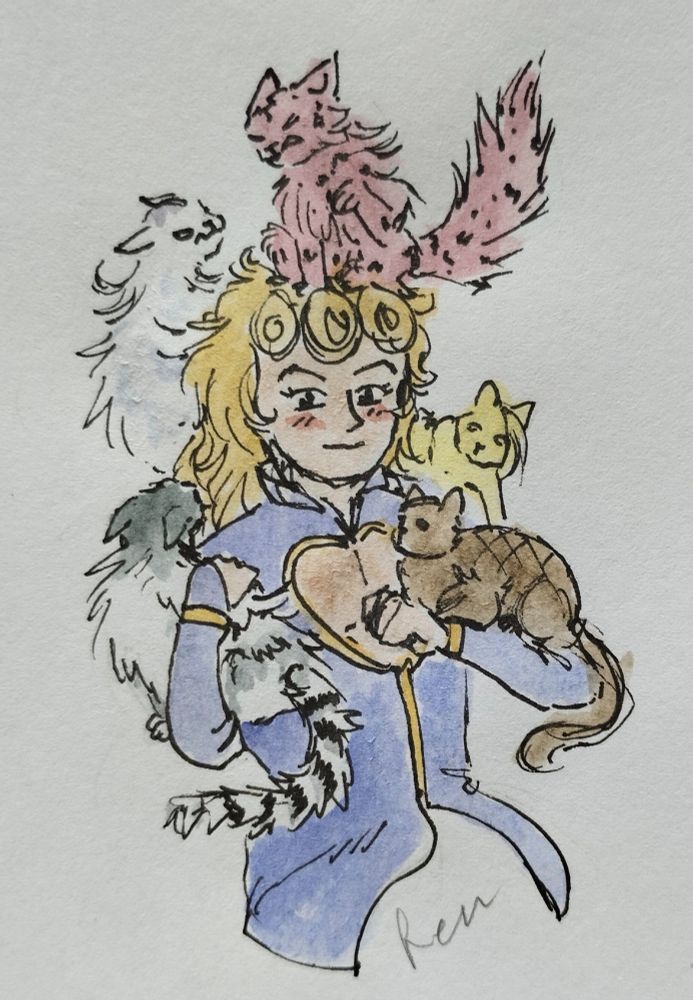 Drawing of Giorno holding cat versions of Diavolo, Abbacchio, Risotto, Fugo, and Mista