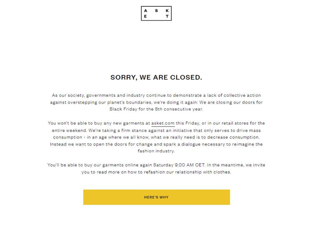 Screenshot from the ASKET website showing that they are closed and not selling clothes during Black Friday in protest of the mass consumption promoted by such sales.