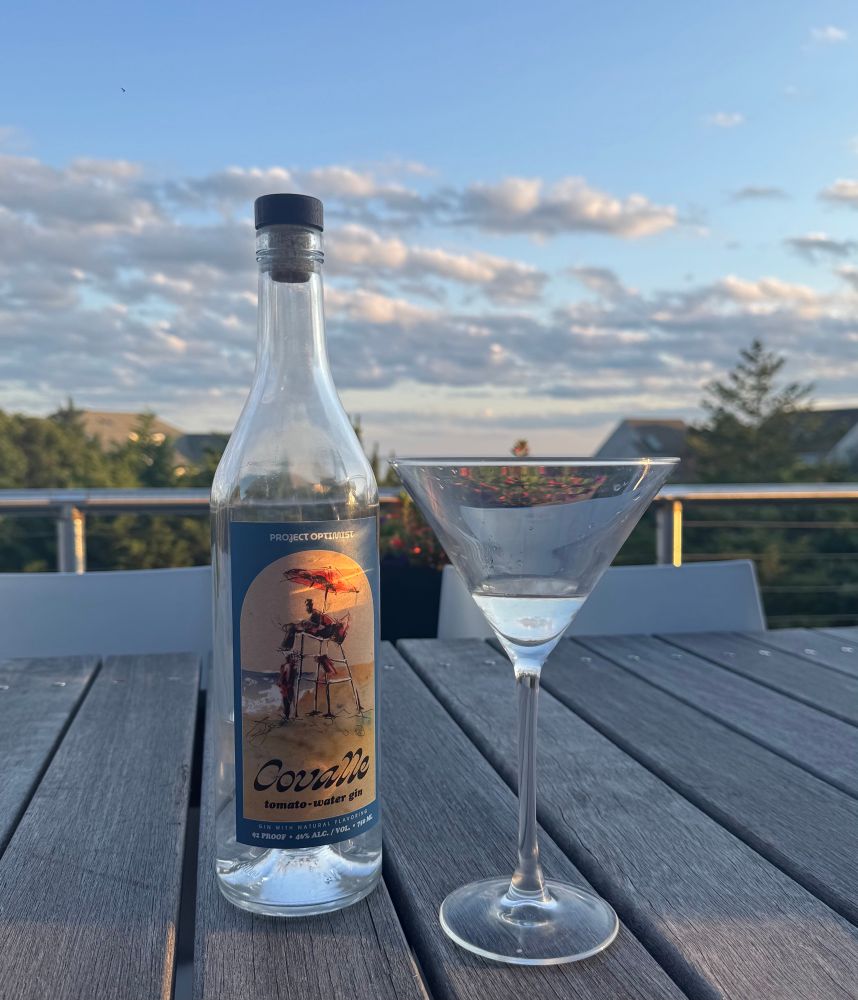 A bottle of Project Optimist Covalle tomato water gin next to a martini glass
