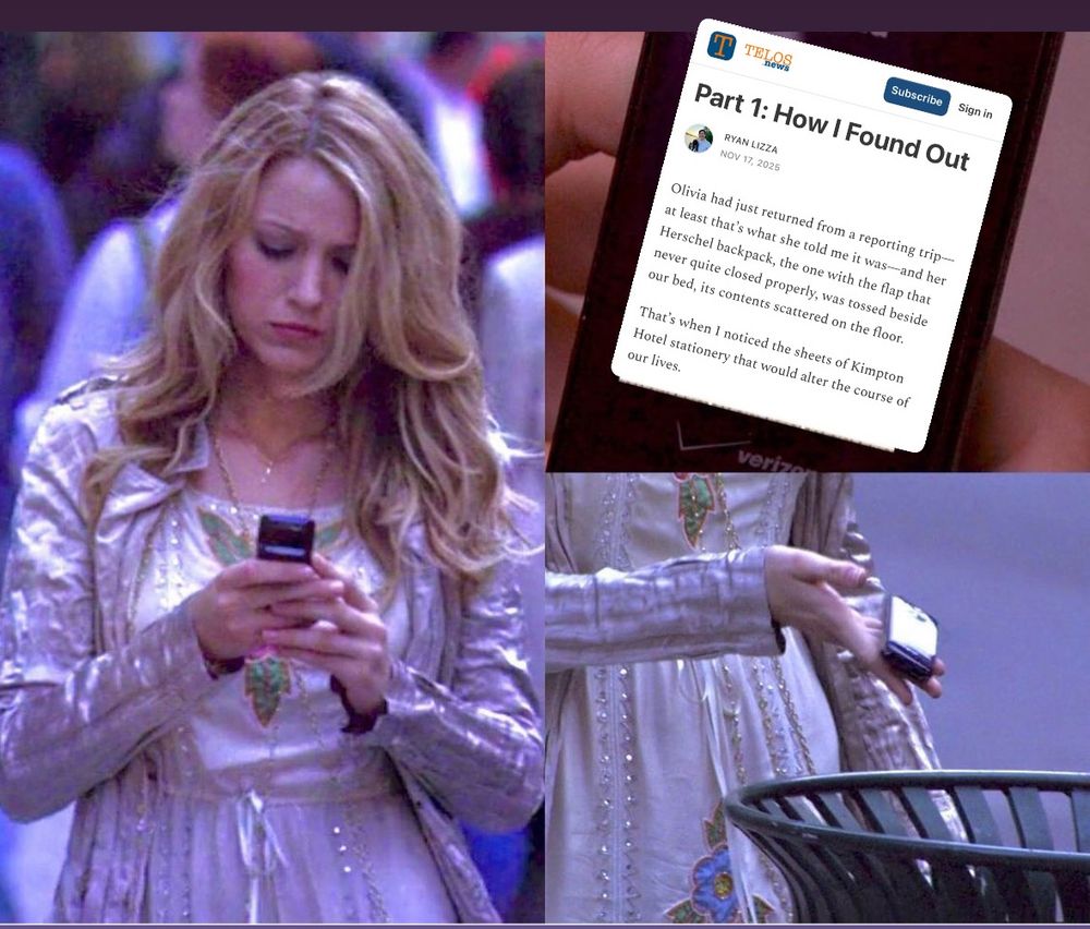 Blake Lively in Gossip Girl meme where she looks at her phone and throws it in the trash after seeing Ryan Lizza’s blog post about finding out about Olivia Nuzzi’s other alleged affair NOT with RFK Jr. 