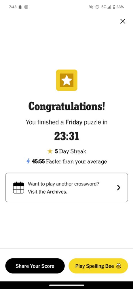 Friday NYT crossword completed in 23:31