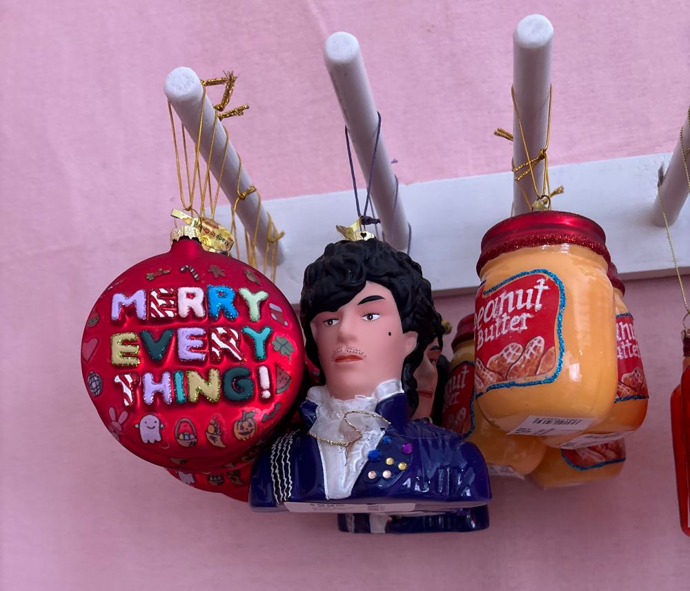 A glass ornament made to look like Prince, but for some reason, he’s white as hell. 