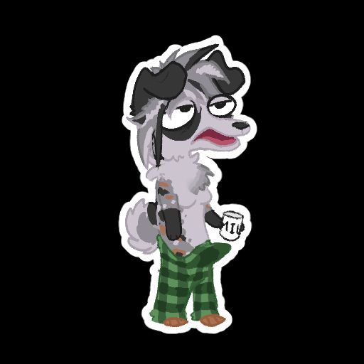 a blue merle australian shepherd furry wearing green plaid pants. They have a mug that spells out "M.I.L.F" only I and L are visible.
