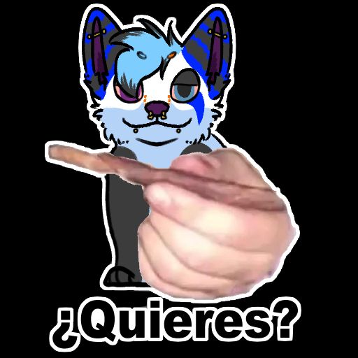 A "sparkle dog" with various vibrant colors. They have a septum piercing, snake bites, and one industrial piercing in each ear. Their eye whites are reddish. 
They are holding up a dog treat with a human hand, the bottom text says "¿Quieres?"