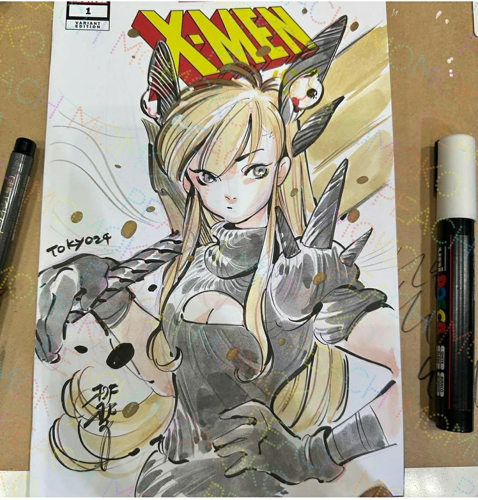 Magik commission by Peach Momoko. Bachalo costume but with stomach covered. Sword over her right shoulder. An eyeball on each of her top-most hair spikes. 