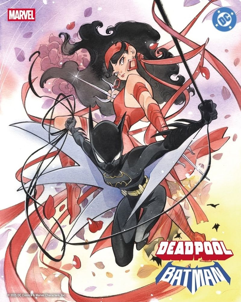 Variant cover for Deadpool/Batman by Peach Momoko featuring Elektra and Batgirl