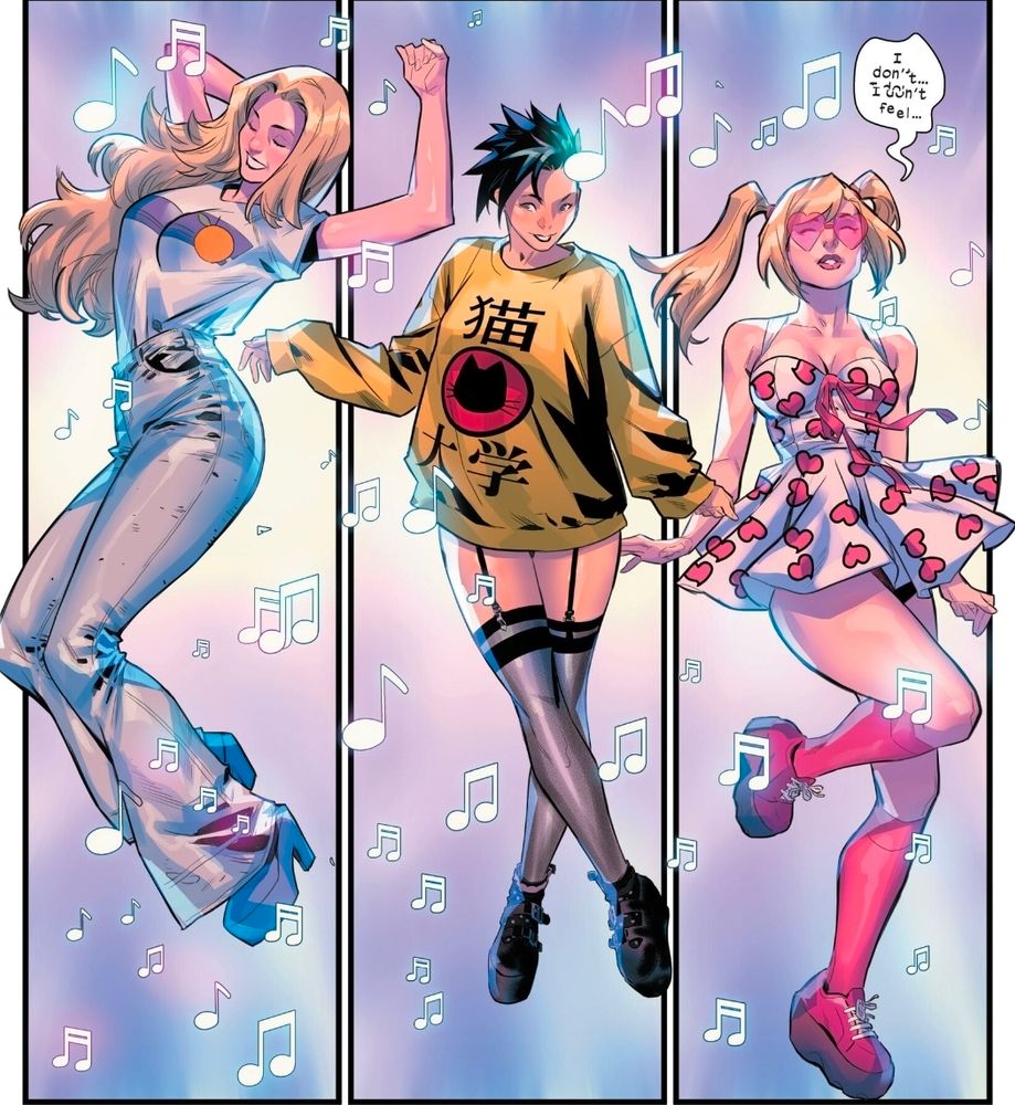 A panel from Marvel's X-Terminators (2022) #1 - Dazzler, Jubilee, and Boom-Boom dancing 