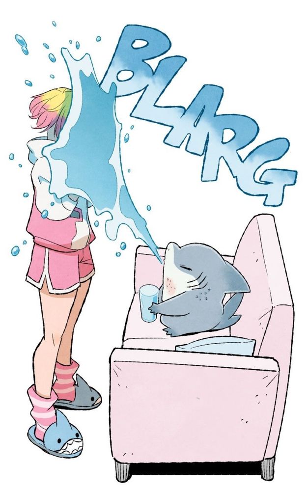 Jeff the Land Shark spitting water on Gwenpool - from Marvel's It's Jeff Infinity comic #44