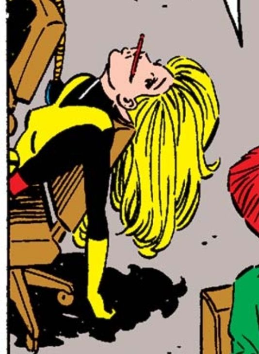 Part of a panel from Marvel's New Mutants #57. Illyana Rasputin holding pencil between her nose and lips while leaning back in a chair. Art by Bret Blevins. 