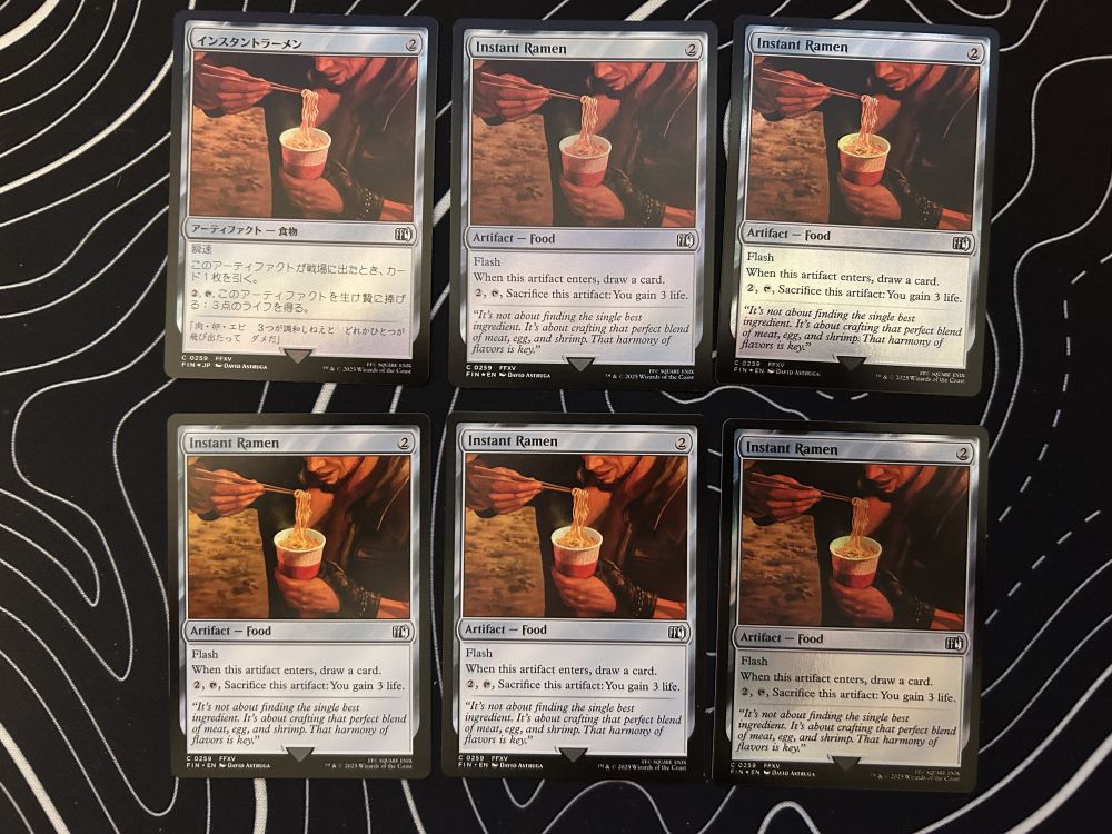 6 Magic The Gathering: Final Fantasy "Instant Ramen Cards". 1 Japanese Foil version, 3 English Foil versions, and 2 English Non Foil versions.