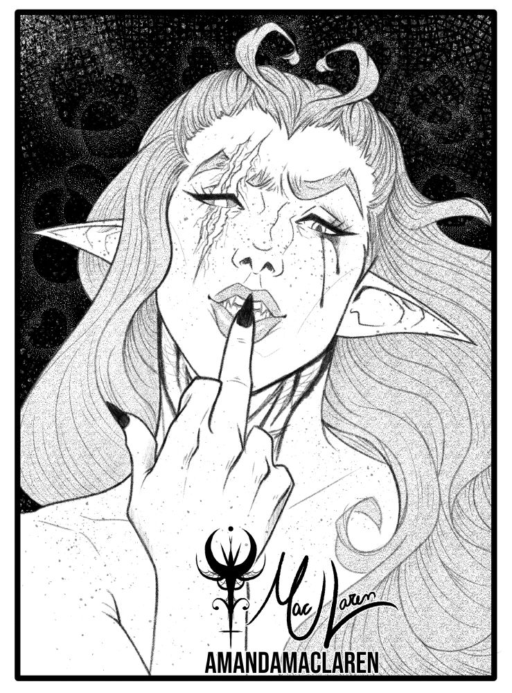 A sketch portrait of an androgynous elf, they have a tattoo on their neck and a scar on the right side of their face, with a blind eye. Their hair is long and wavy, and two strands form a heart on the top of their head.
They have a sassy expression on their face and are flipping the bird with one finger pressed against their lips.