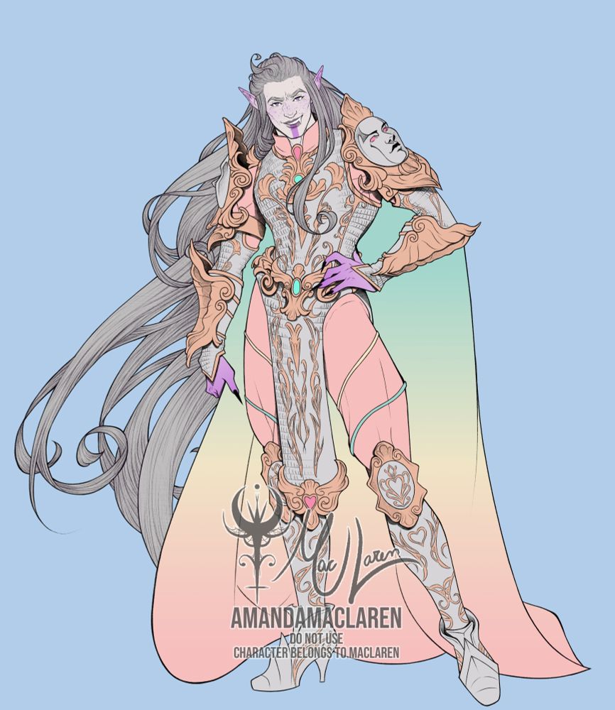 A picture of Dho'Riann wearing his armor. This armor is silver with rose gold accents it, while the undergarment is light pink with light yellow and blue.
The cape also has the pastel pink, blue, and yellow in a gradient.

The armor is a chainmail dress with shoulder, arm, and leg plates. The shoulder has a smiling face of a woman, and everything is adorned in a Rococo style.

He has long silver hair, pointy elf ears that fade to purple, a smile on his face showing a fang, purple freckles, and a purple stripe chin tattoo.