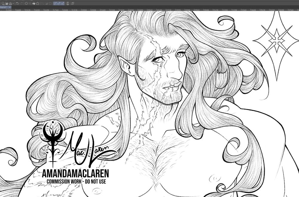 A screenshot of a work-in-progress drawing of a man with slightly pointy ears, long flowy hair, and scars on the right side of his face, on his arms, and down his bare chest.
