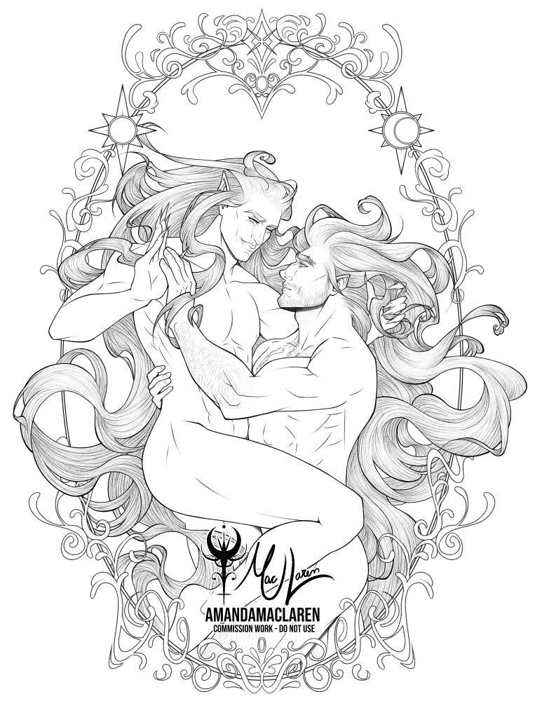 Drawing of two men embracing and almost touching hands inside a decorated frame. One of them is an elf, and the other is a human with slightly pointy ears. Their hair is super flowy, and they're looking at each other. 
The frame has a Sun and Moon theme.