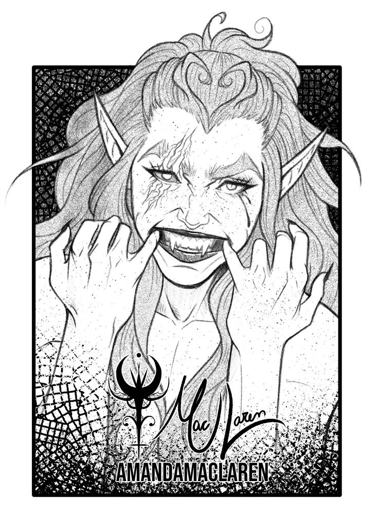 A sketchy portrait of an androgenous vampire showing their teeth, they have two big scars on the right side of their face, and two strands of hair make a heart on top of their head.
Their pinky fingers are holding their lips open to show the smile.