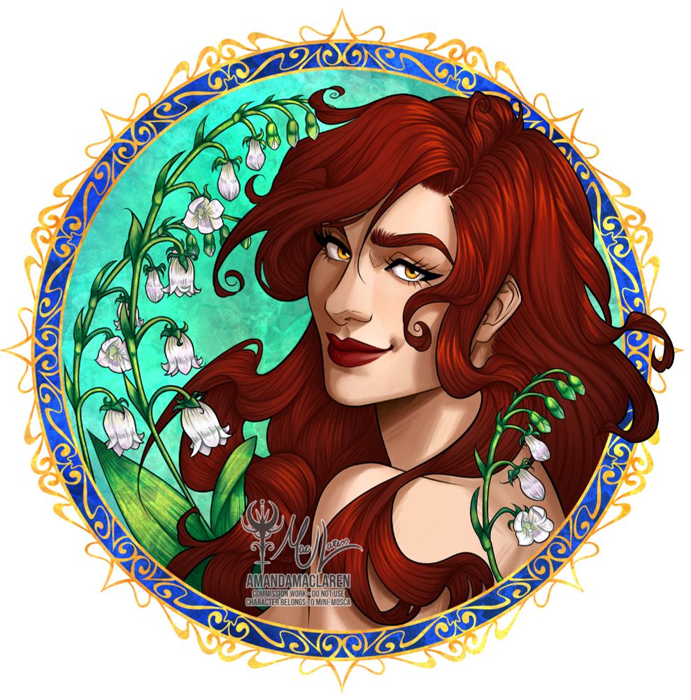 A round portrait of a woman features vibrant red hair, and she gazes at the viewer with her bright yellow eyes.
There are lilies around her, and the frame of the portrait is adorned with gold. The background is turquoise inside with dark blue around the edges.
Her skin is white, and she's wearing dark red lipstick; her expression is a soft but confident smile.