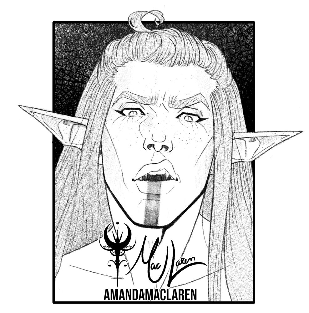 This is a black and white sketch featuring a male elf looking rather shocked at something. He has long straight hair that is half up, half down with a curly chunk standing out on the top of his head.
He has a stripe tattooed from the bottom of his lips to his chin, and long pointy ears.
The watermark is a sigil with the signature MacLaren, and the name below reads Amanda MacLaren.