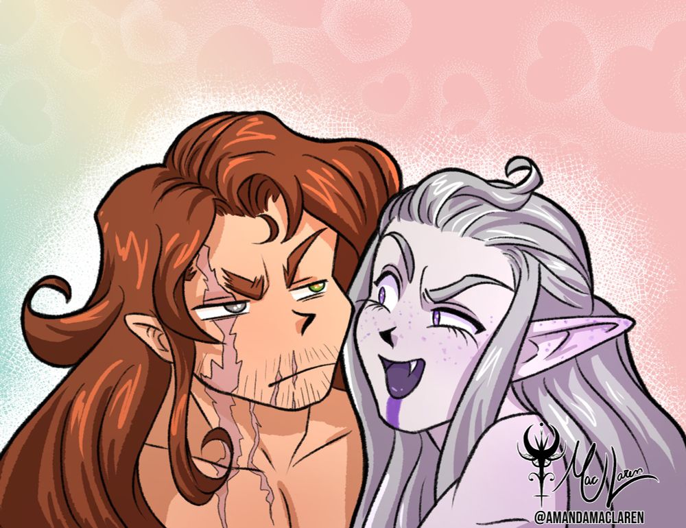 Drawing of a couple, the male elf is looking at the human man in a funny way. This is done in an anime style emulating Sailor Moon's.