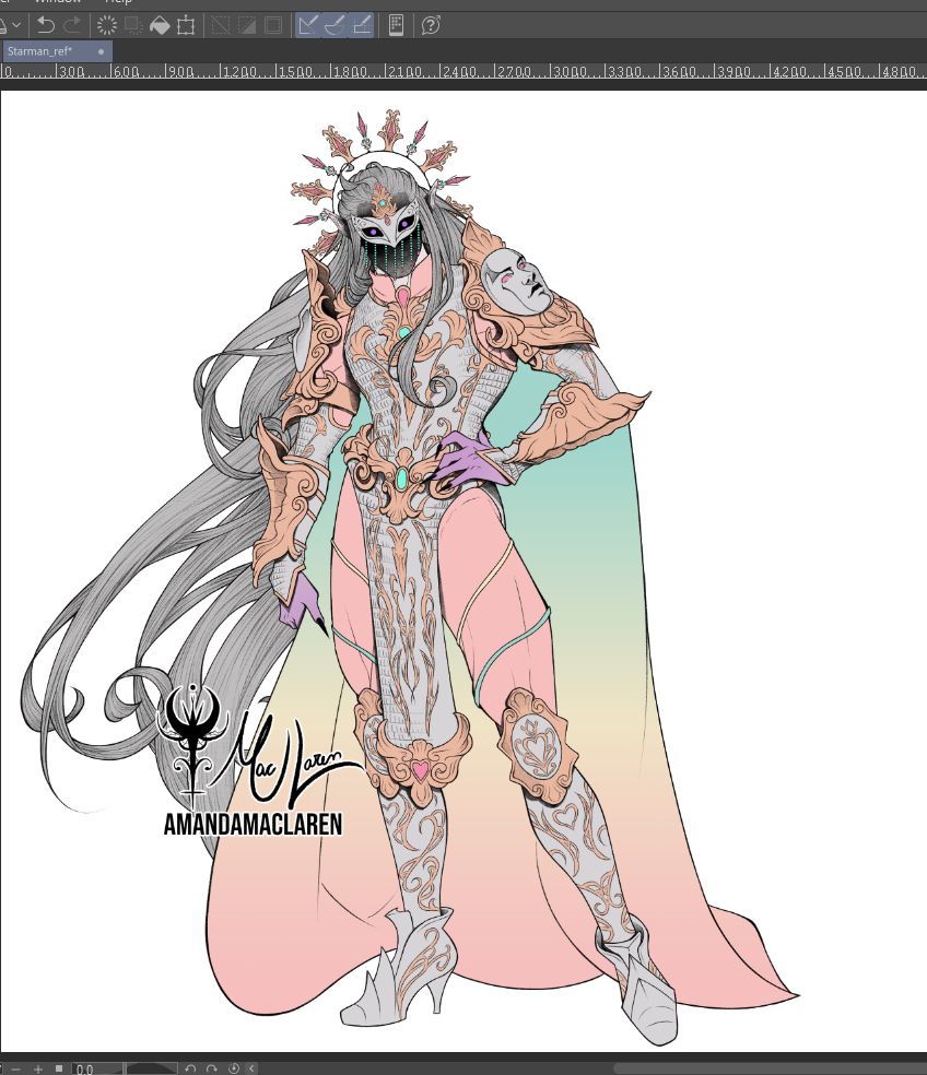 A work in progress drawing of a male elf wearing very adorned armor with faces on his shoulder pieces.
He is wearing a mask and a halo behind his head. The mask obscures his face.
His armor is colorful in pastel shades of blue, pink and yellow. The metal is both silver and gold.