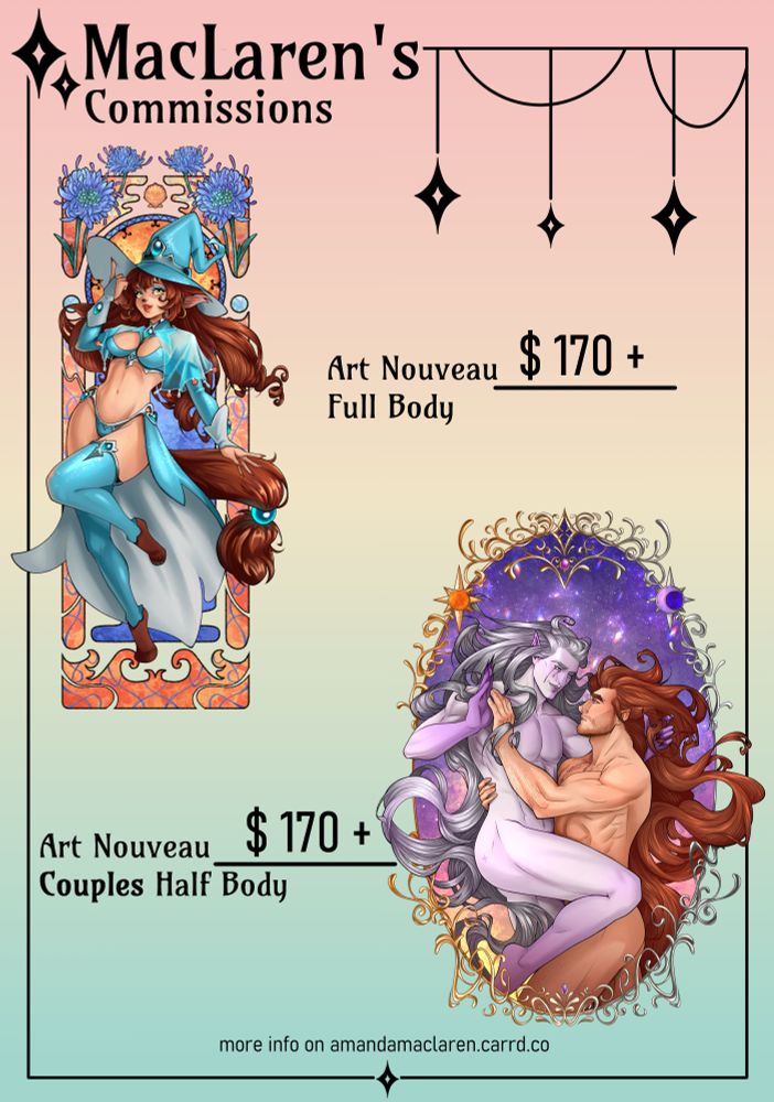 A colorful commission price list with two art nouveau pieces on it. One is a full body of a cute cat witch, and the other is a half body of a two men. Both have the prices listed on the side.