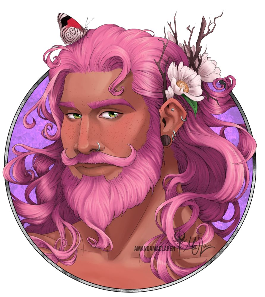 A round portrait of a man with singly tanned skin, long flowy pink hair, and a beard. He has flowers in his hair and a butterfly laid on his head.