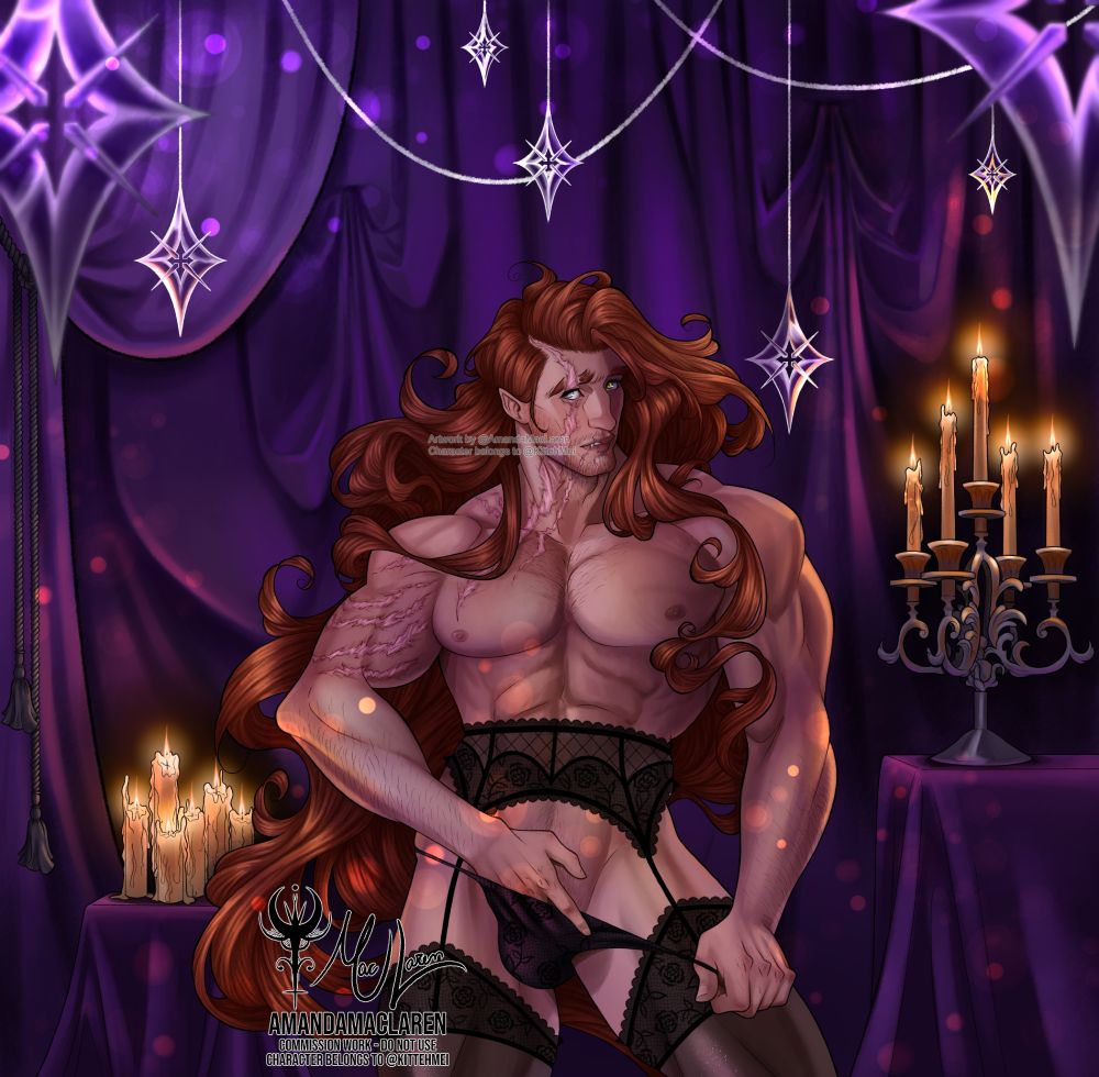A illustration of a man with very flowy hair wearing lace lingerie. He has a shy expression, and his hand is placed near his crotch area. Candles and four point star ornaments surround him.