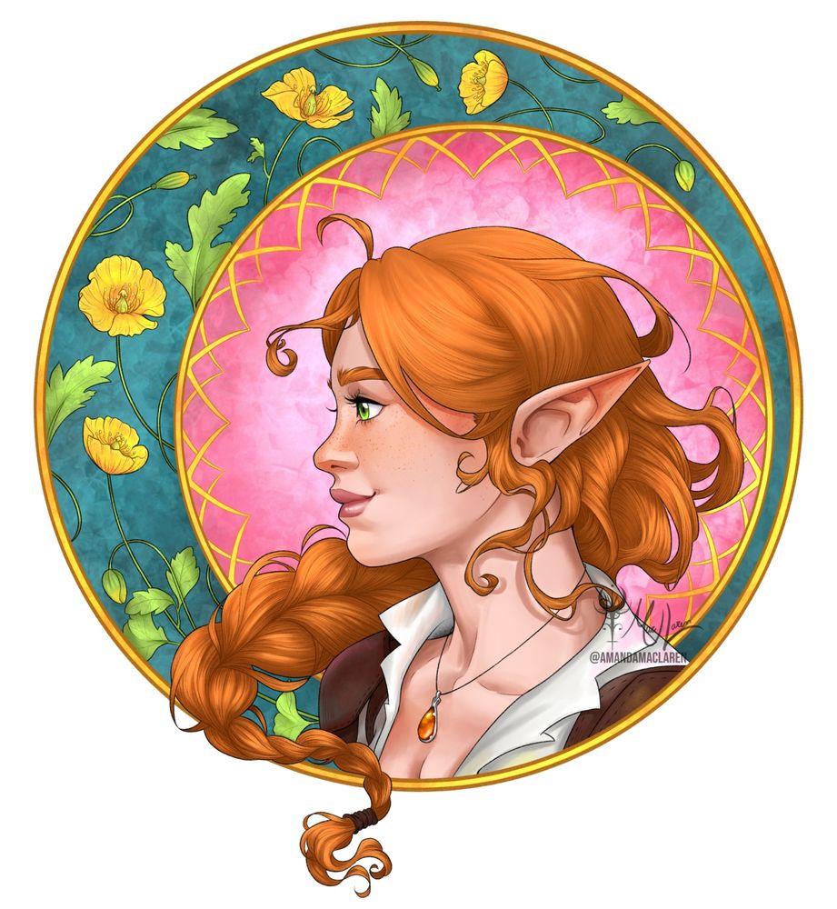 A portrait of a elf ginger woman in her side profile. The frame is round and decorated with yellow flowers.