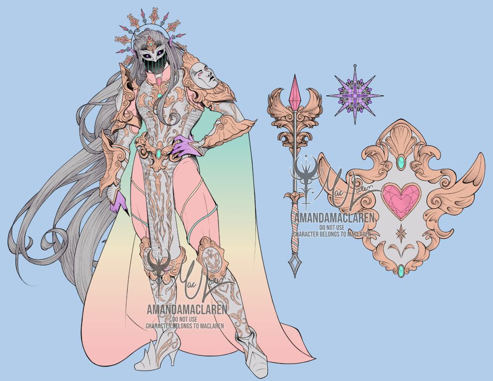 This is a simple reference sheet of my character Dho'Riann GreyMane.
First is a picture of him wearing his armor. This armor is silver with rose gold accents to it, while the undergarment is light pink with light yellow nd blue.
The cape also has the pastel pink, blue, and yellow in a gradient.

The armor is a chainmail dress with shoulder, arm, and leg plates. The shoulder has a smiling face of a woman, and everything is adorned in a Rococo style.
He also uses a masquerade mask covering his face in shadows with only purple orbs peaking through the eyes, and a halo with the same colors.

Besides the character, there is his gear: a mace with the same color palette and a big pink crystal on top, a shield with wings and a big crystal heart in the middle, and a star pendant that is all decorated with purple crystals.

Everything is extremely fancy and over the top to match the character's personality.