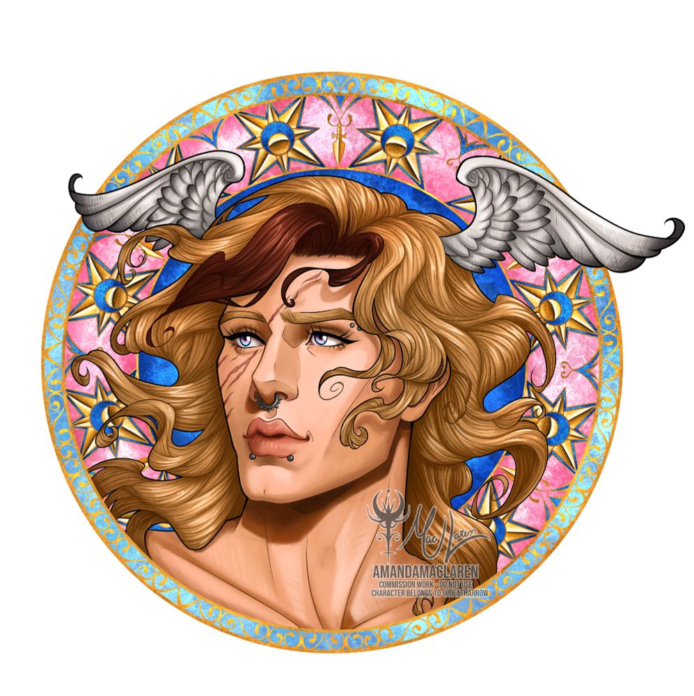 Portrait of a pretty man. He has flowy blonde hair with a darker brown chunk right on the front of his face.
He has a nose ring, as well as snake bite piercings and ones on his eyebrow.
Coming out of his head there are two wings; he has some soft scars on his face, and his eyes are blue and pink.
The background is a round, adorned frame, full of gold suns with blue crescent moons in it.
